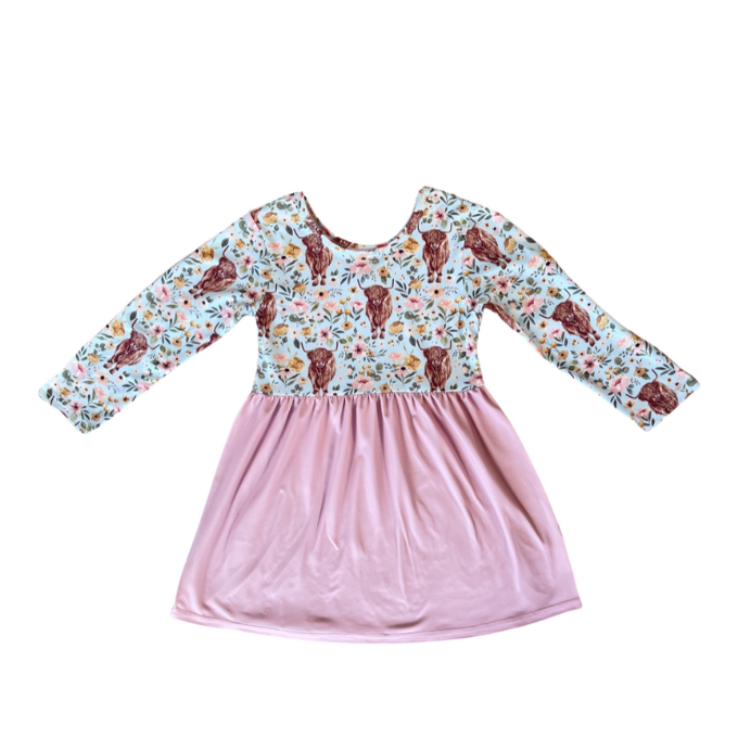 Floral Blue/Pink Highland Cow Dress
