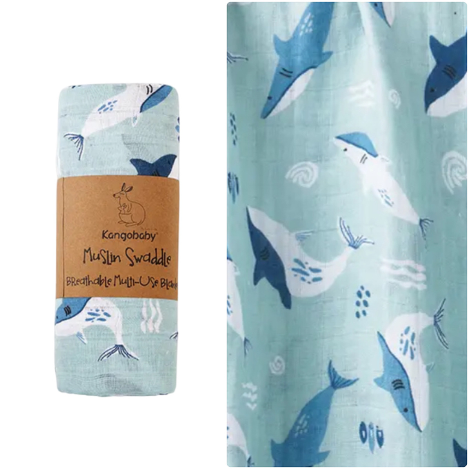 Kangobaby Muslin Cotton Swaddle Wrap - Whales