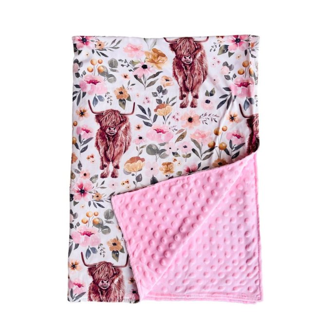 White Floral Highland Cow Minky Blanket