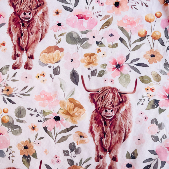 White Floral Highland Cow Minky Blanket