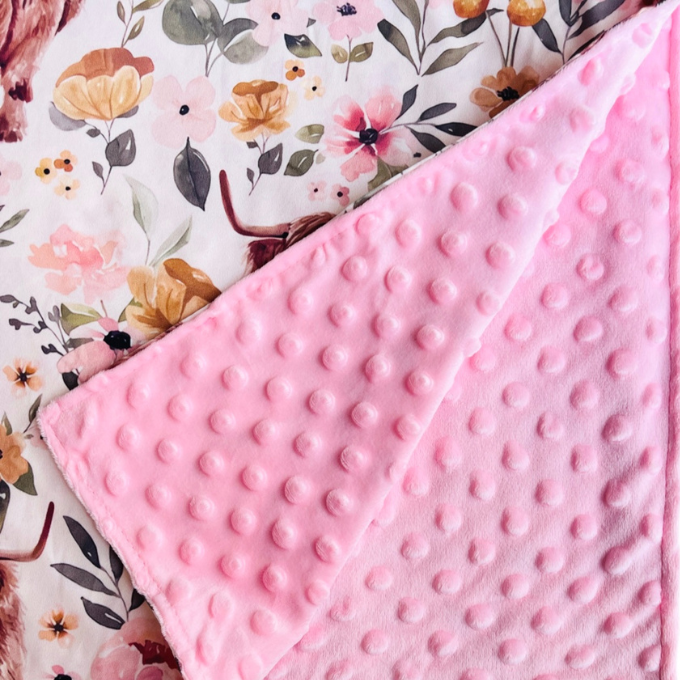 White Floral Highland Cow Minky Blanket