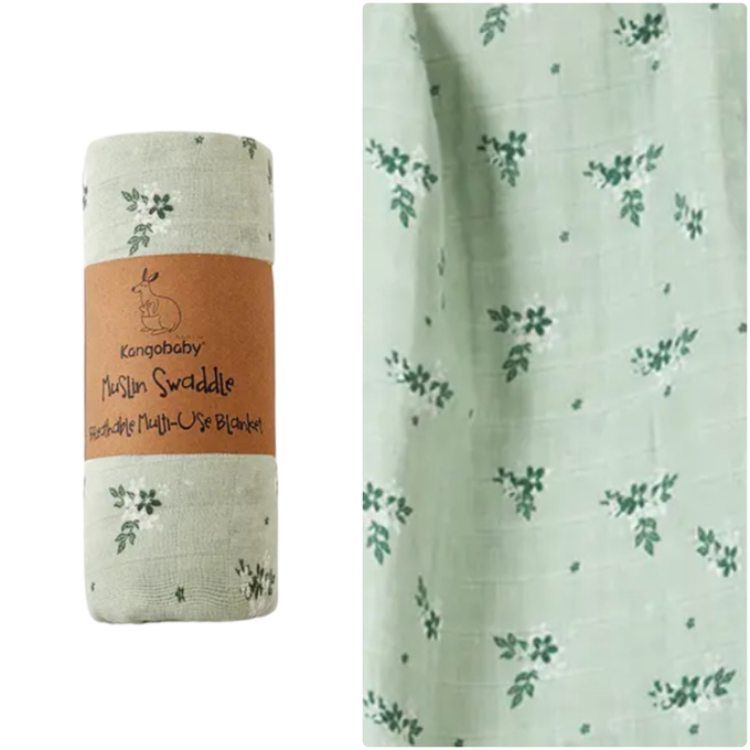 Kangobaby Muslin Cotton Swaddle Wrap - Green Floral