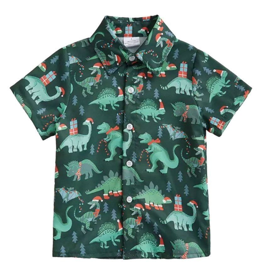Christmas Green Dino Button Up Shirt
