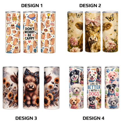 Animal Themed 20oz Skinny Stainless Steel Tumblers With S/Steel Straw Option