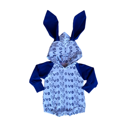 Bunny Grid Hooded Romper - Blue