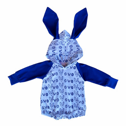 Bunny Grid Hooded Romper - Blue