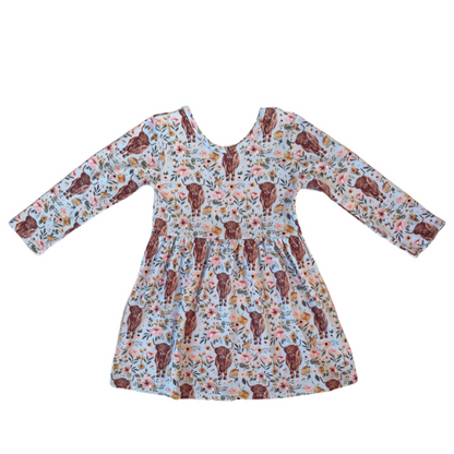 Floral Blue Highland Cow Dress