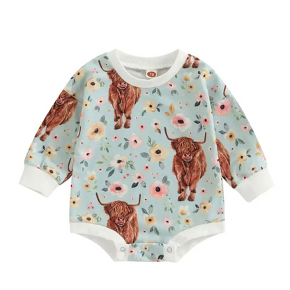 Floral Highland Cow Romper - Blue