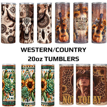 Western/Country Themed 20oz Skinny Stainless Steel Tumblers With S/Steel Straw Option