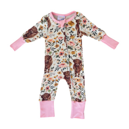 Floral Highland Cow Bamboo Onesie