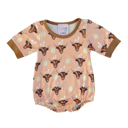 Easter Highland Cow Romper -Brown Trim