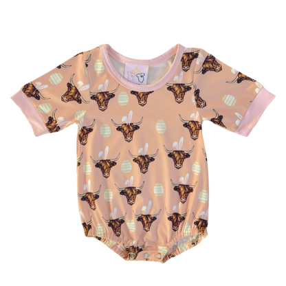 Easter Highland Cow Romper - Pink Trim