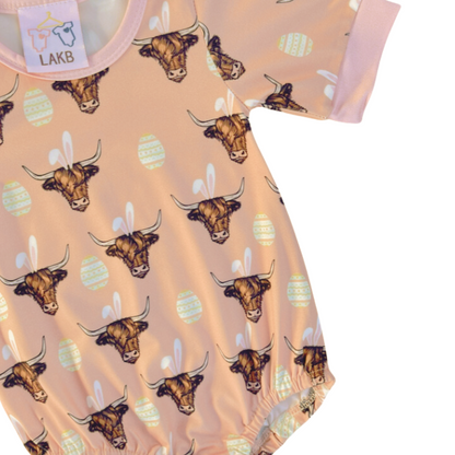 Easter Highland Cow Romper - Pink Trim