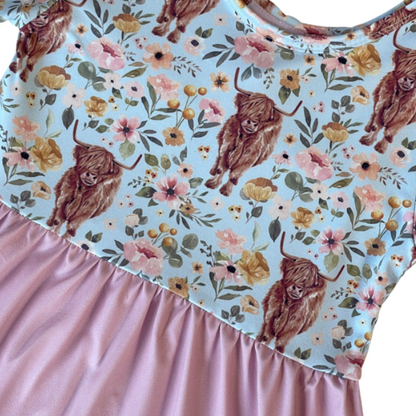 Floral Blue/Pink Highland Cow Dress