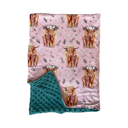 Pink Floral Highland Cow Minky Blanket