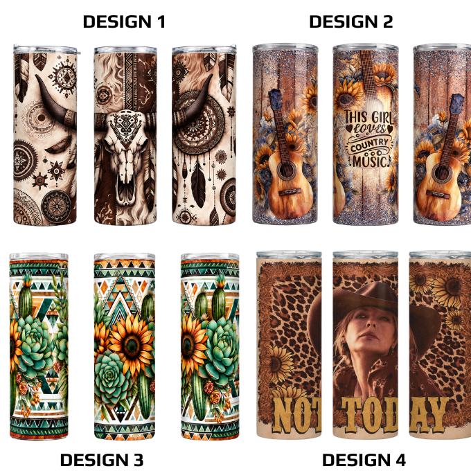 Western/Country Themed 20oz Skinny Stainless Steel Tumblers With S/Steel Straw Option
