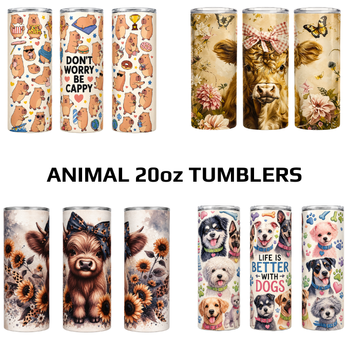 Animal Themed 20oz Skinny Stainless Steel Tumblers With S/Steel Straw Option