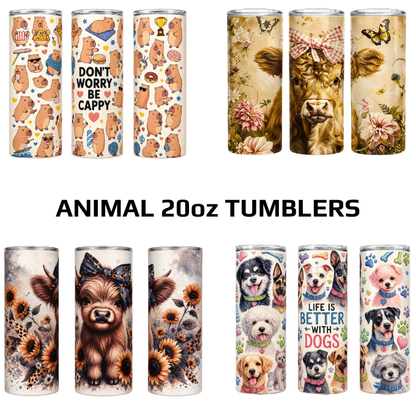 Animal Themed 20oz Skinny Stainless Steel Tumblers With S/Steel Straw Option