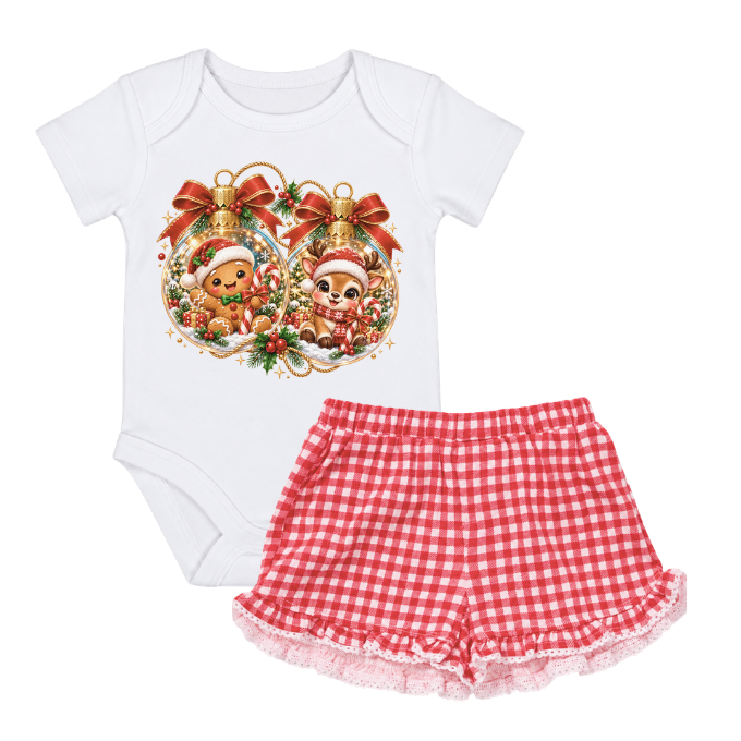 Christmas Baubles Onesie Cheque Shorts Set