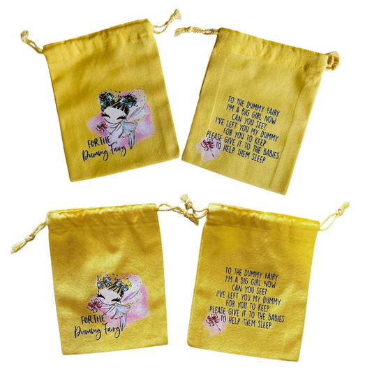 Four yellow drawstring bags with fairy illustrations and text on a white background