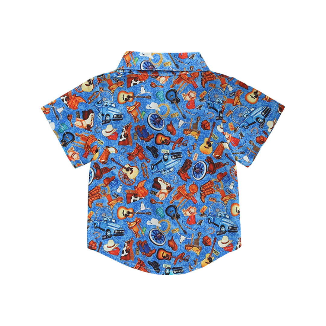 Country Scene Button Shirt -Blue