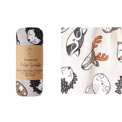 Kangobaby Muslin Cotton Swaddle Wrap - Animal Friends