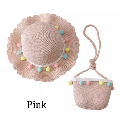 Pom Pom Straw Hat & Bag Set