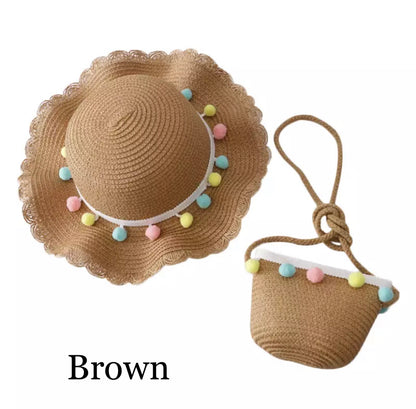 Pom Pom Straw Hat & Bag Set