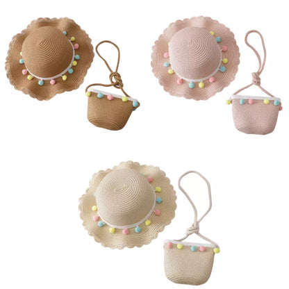 Pom Pom Straw Hat & Bag Set