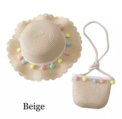 Pom Pom Straw Hat & Bag Set